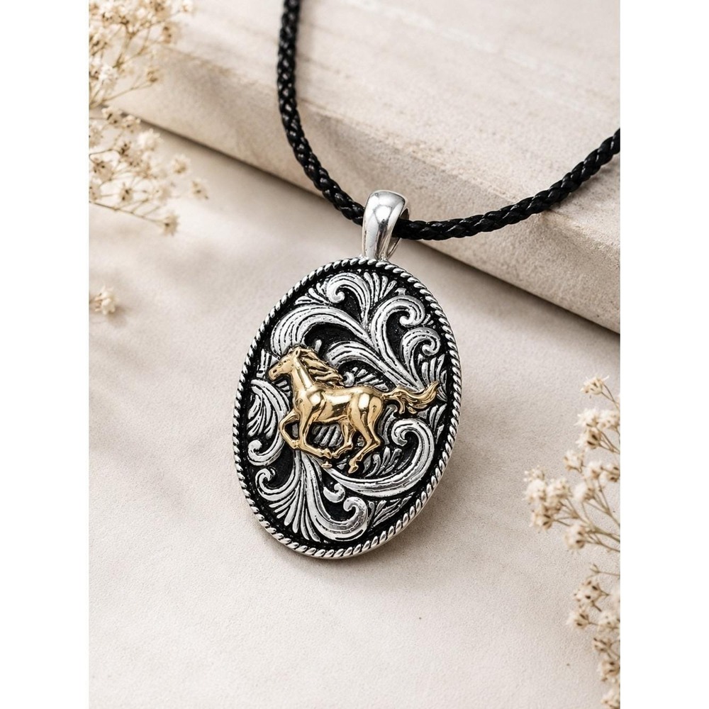 Western Horse Pendant Necklace Cowboy Cowgirl Equestrian Statement Necklace